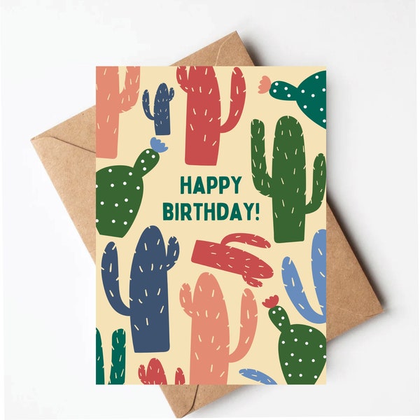 Cactus birthday card, neutral color birthday card, cute fun birthday card for her, plant birthday card