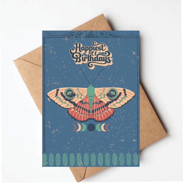 Vintage moth birthday card, lunar moth card, vintage birthday card for her