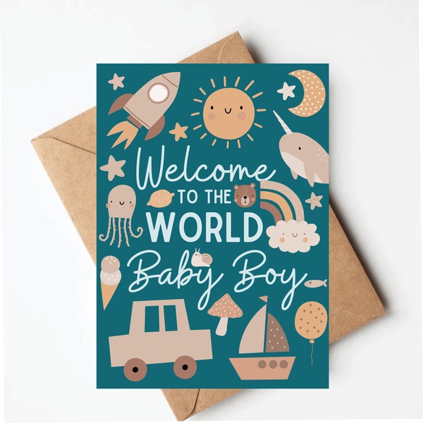 Boho baby card, new baby card, welcome to the world baby boy, new baby boy card