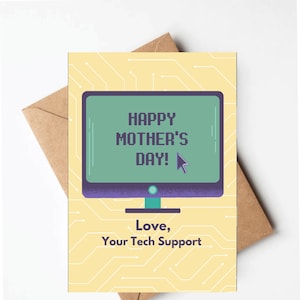 May include: A yellow card with a circuit board pattern and a computer monitor with the text "Happy Mother's Day!" inside. The text "Love, Your Tech Support" is below the monitor.