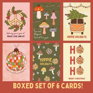 Set of 6 boxed Christmas cards, hippie peace sign Christmas cards, retro groovy Christmas cards