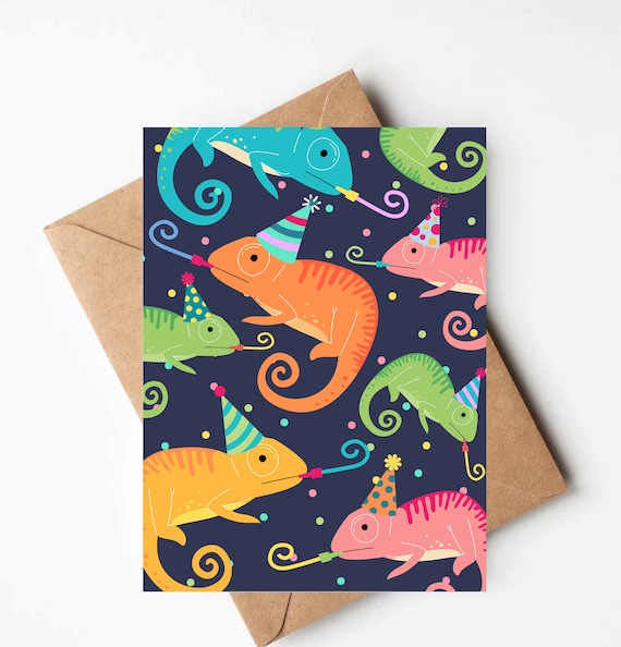Colorful chameleon birthday card, funny birthday card, kids birthday card, lizard birthday card
