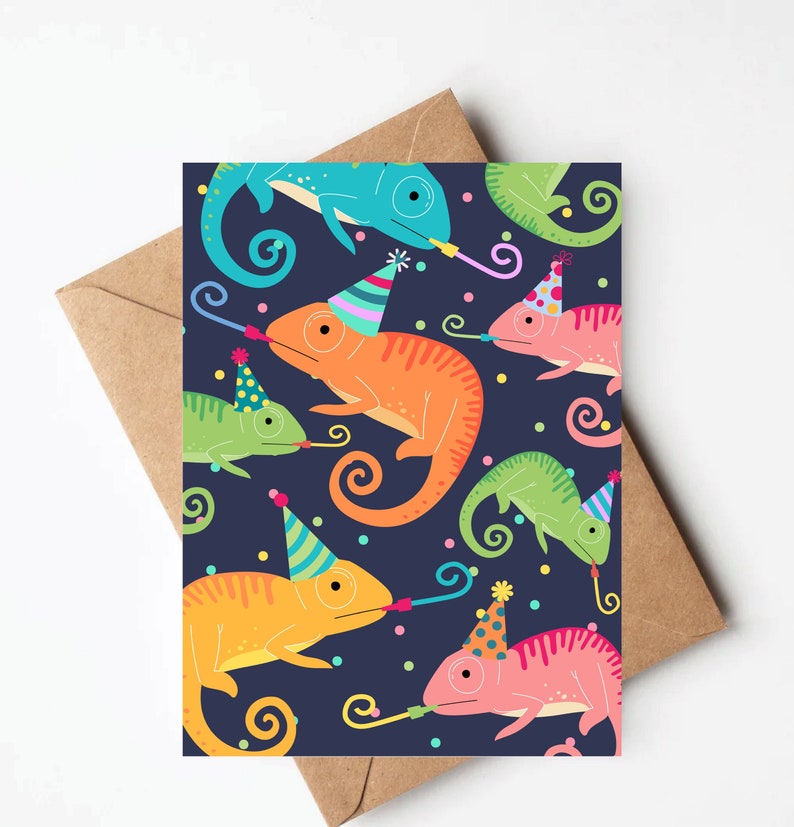Colorful chameleon birthday card, funny birthday card, kids birthday card, lizard birthday card image 1