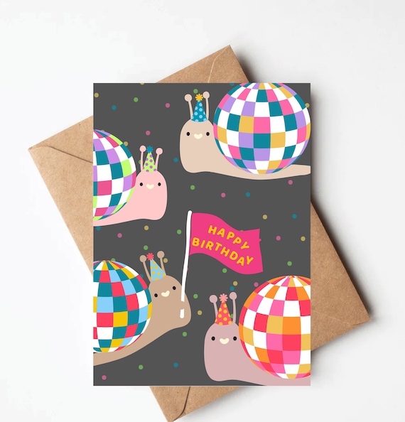 Disco ball Snail birthday card, funny illustrated birthday card, cute kids birthday card
