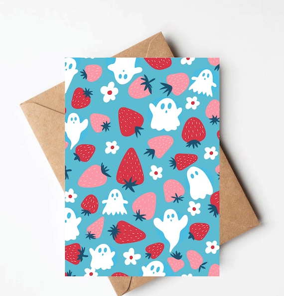 Strawberry ghost card, cute halloween card, cute ghost greeting card, spooky greeting cards