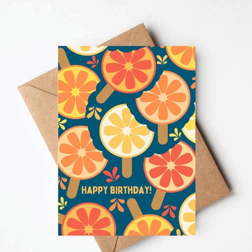 Orange popsicle birthday card, cute summer birthday card gender neutral, colorful fruit birthday card