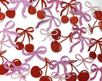 Coquette cherry bow confetti, cherry bachelorette decorations, cherry baby shower birthday party, she's the cherry on top, bow party