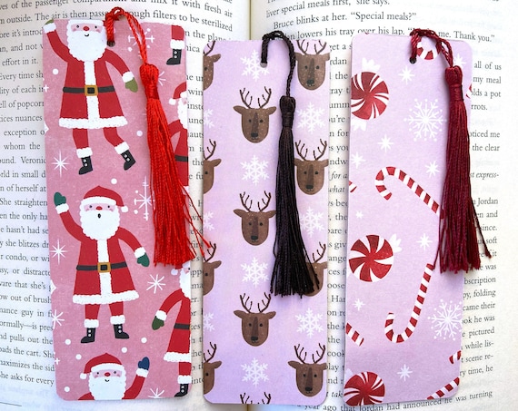 Cute Christmas bookmarks, Christmas bookmark set, gift for book lover, pink Christmas bookmarks, Santa bookmark