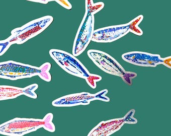 Mini holographic sardine fish stickers, cute bulk space filler stickers for laptop or water bottle