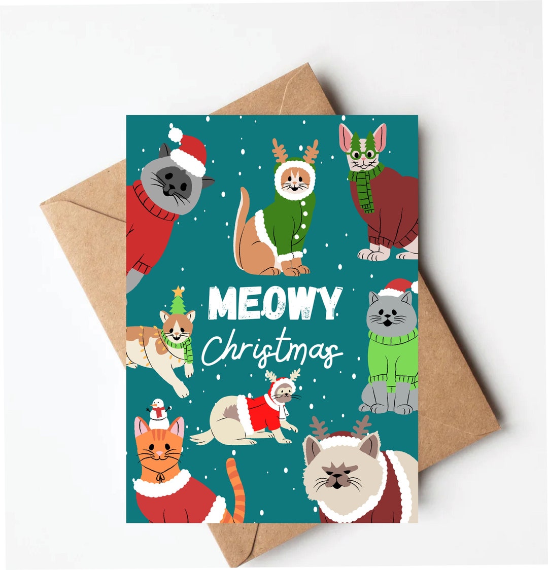 Cute Cat Christmas Card, Meowy Christmas, Cat Lover Christmas Card ...