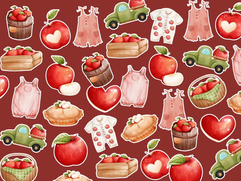 Puede incluir: Ilustraci&oacute;n en acuarela con un patr&oacute;n repetido de manzanas rojas, tarta de manzana, monos de beb&eacute;, cestas de manzanas y un cami&oacute;n verde que transporta una manzana. El fondo es de color granate.