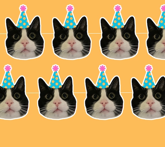 Personalized pet birthday garland, funny animal birthday banner bunting, cat dog kids birthday decorations, custom pet head banner