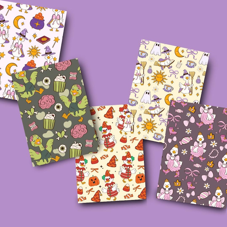 May include: Five patterned papers featuring whimsical Halloween-themed illustrations. Designs include ducks in witch hats, ghosts, pumpkins, pizza slices, and brains. The color palette includes purple, green, orange, and cream.