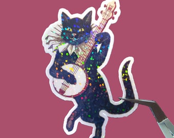 Vintage cat sticker, black cat sticker, holographic cat with banjo sticker, laptop stickers, waterproof sticker for water bottle