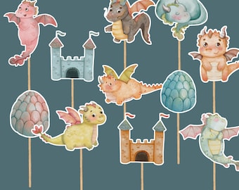 May include: Watercolor illustrations of dragons and castles on wooden sticks. The dragons are in various colors, including pink, yellow, brown, and green, with different wing designs. The castles are light blue and orange. The background is a teal color.
