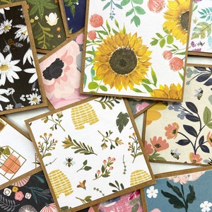 Mini floral notecards, mini 3 inch notecards in bulk, mini Kraft notecards with envelopes, mini Kraft envelopes