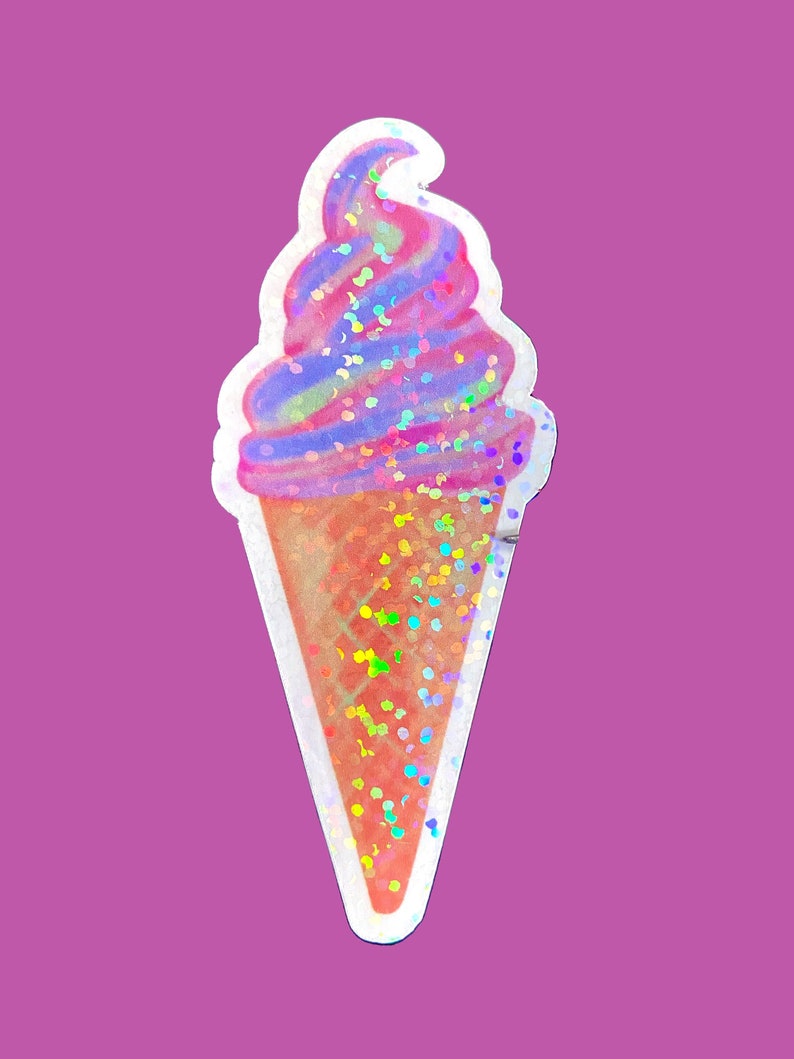 May include: A holographic ice cream cone sticker with pink and purple swirls and a waffle cone.
