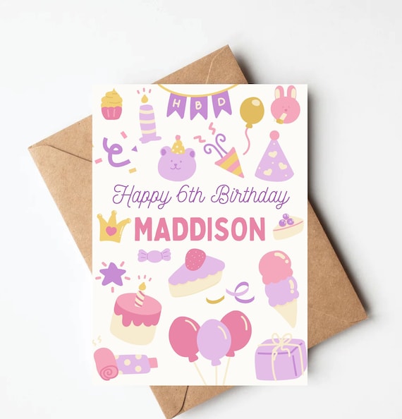 Personalized girls birthday card, little girl birthday card, birthday card with custom name, cute kids birthday card