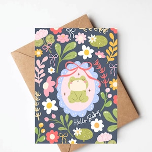Cute frog new baby card, coquette bow new baby girl card, baby shower card
