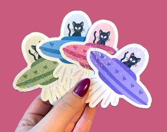 Holographic cat UFO sticker, cute alien black cat sticker, girly waterproof sticker for laptop or water bottle