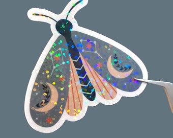 Holographic lunar moth sticker, cute moth sticker, cottagecore stickers, waterproof sticker for laptop or water bottle