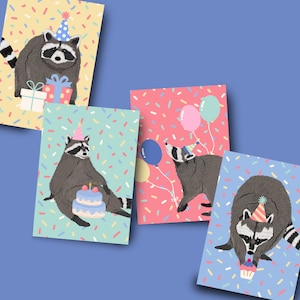 May include: Four illustrated cards featuring raccoons wearing party hats and celebrating with balloons, confetti, and cake. The cards have a colorful confetti background.