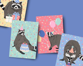 Set of 4 raccoon birthday cards, funny animal birthday cards gender neutral, cute kid birthday card set bundle, humorous birthday cards
