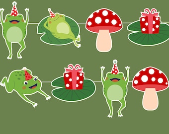 Frog toadstool birthday garland, toad mushroom birthday party banner bunting, kids birthday