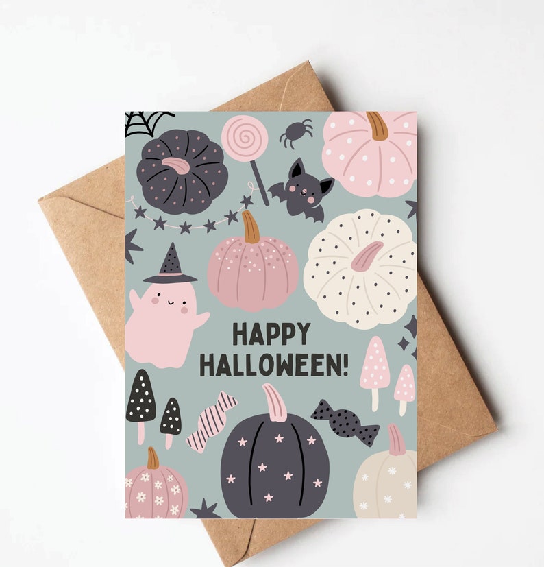 May include: A light blue card with a happy Halloween greeting. The card is decorated with a variety of Halloween-themed illustrations, including pumpkins, ghosts, bats, sweets, and stars.