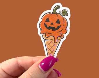 Holographic pumpkin ice cream sticker, Halloween waterproof sticker for laptop or water bottle