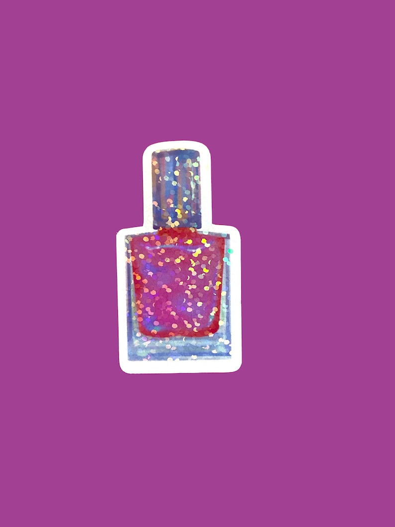 May include: A sticker of a nail polish bottle with a purple body and a blue cap. The nail polish has glitter inside. The sticker has a white border and is set against a purple background.