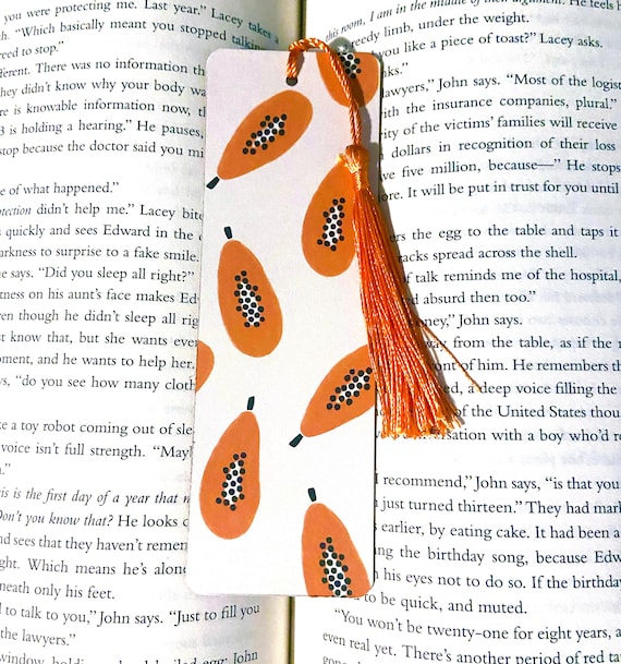 Papaya bookmark with tassel, cute bookmark for her, fruit print bookmarks