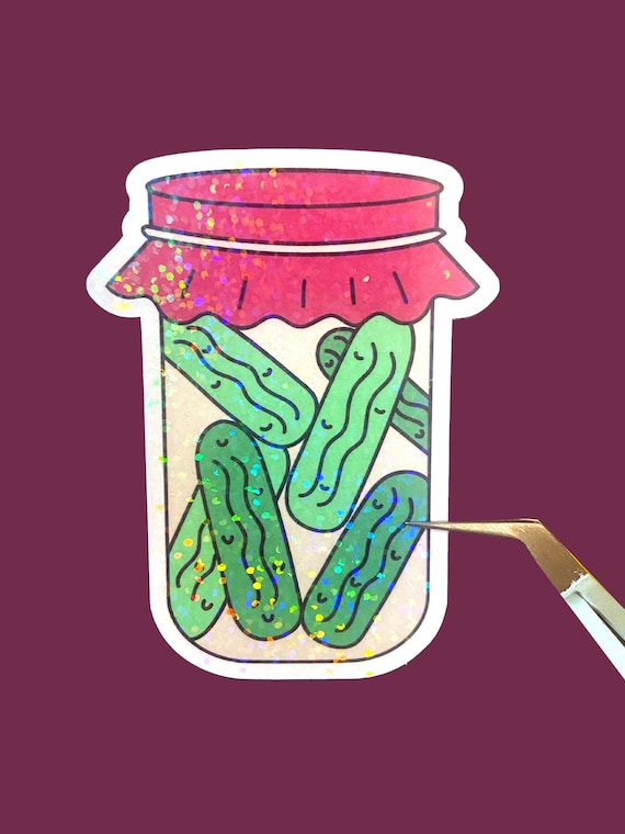 Holographic pickle jar sticker, dill pickle lover gift, funny water proof sticker, laptop sticker, water bottle sticker
