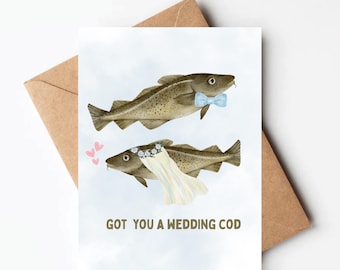 Funny cod wedding card, modern fish wedding gift, card for new couple, bridal shower card