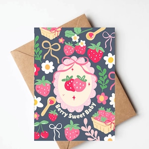 Strawberry daisy new baby card, coquette bow new baby girl card, baby shower card