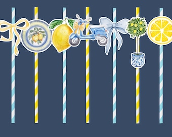 Lemon Amalfi Coast bridal shower paper straws, pretty lemon party decorations, baby shower straws ,Italian Lemon bachelorette party