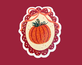 Framed coquette pumpkin sticker, holographic fall pumpkin sticker, cute waterproof sticker for laptop or water bottle