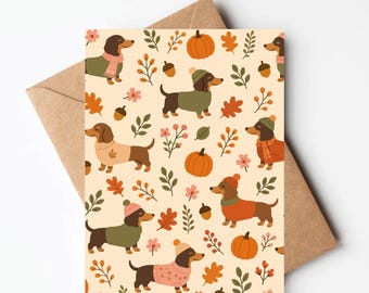 Fall weenie dog patterned greeting card, dachshund halloween card