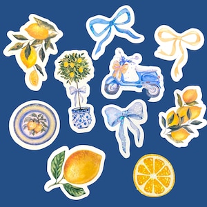Set of 10 Italian lemon holographic stickers, cute girly mediterranean sticker pack, waterproof stickers for laptop or water bottle