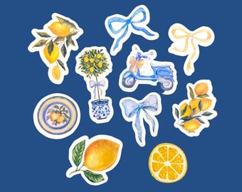 Set of 10 Italian lemon holographic stickers, cute girly mediterranean sticker pack, waterproof stickers for laptop or water bottle