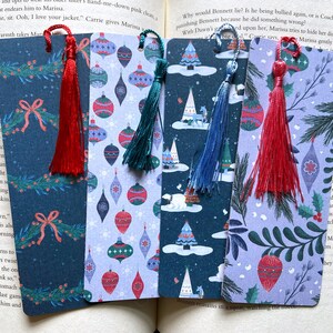 Blue and red snowy village Christmas bookmarks, pretty Christmas bookmark set, book lover gift, bulk bookmarks stocking stuffers