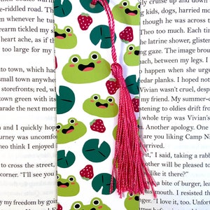Cute frog bookmark, strawberry frog bookmark, bookmark with tassel, kids bookmarks, bookmark for her, kawaii frog bookmark