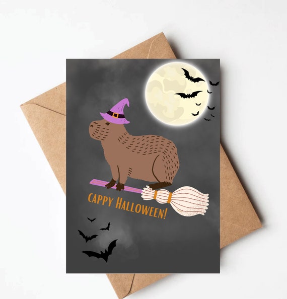 Capybara halloween card, funny halloween card, cute kids halloween card, capybara blank greeting cards