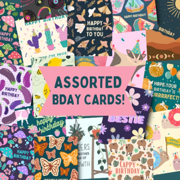 Bulk birthday cards, assorted birthday card grab bag, cute unique colorful birthday cards