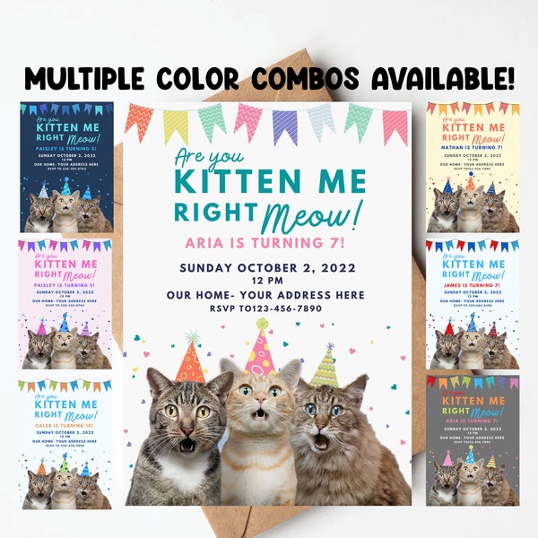 Cat birthday invitation, cute cat birthday invite, printable birthday invitation, are you kitten me, boy cat invite, girl cat invite