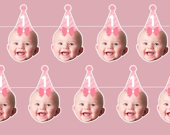 Bow hat birthday garland, personalized face first birthday banner bunting, bow birthday decorations