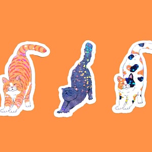 May include: Three colorful cat stickers with a white outline. The cats are stretching and have different colored fur patterns. The background is a solid orange color.