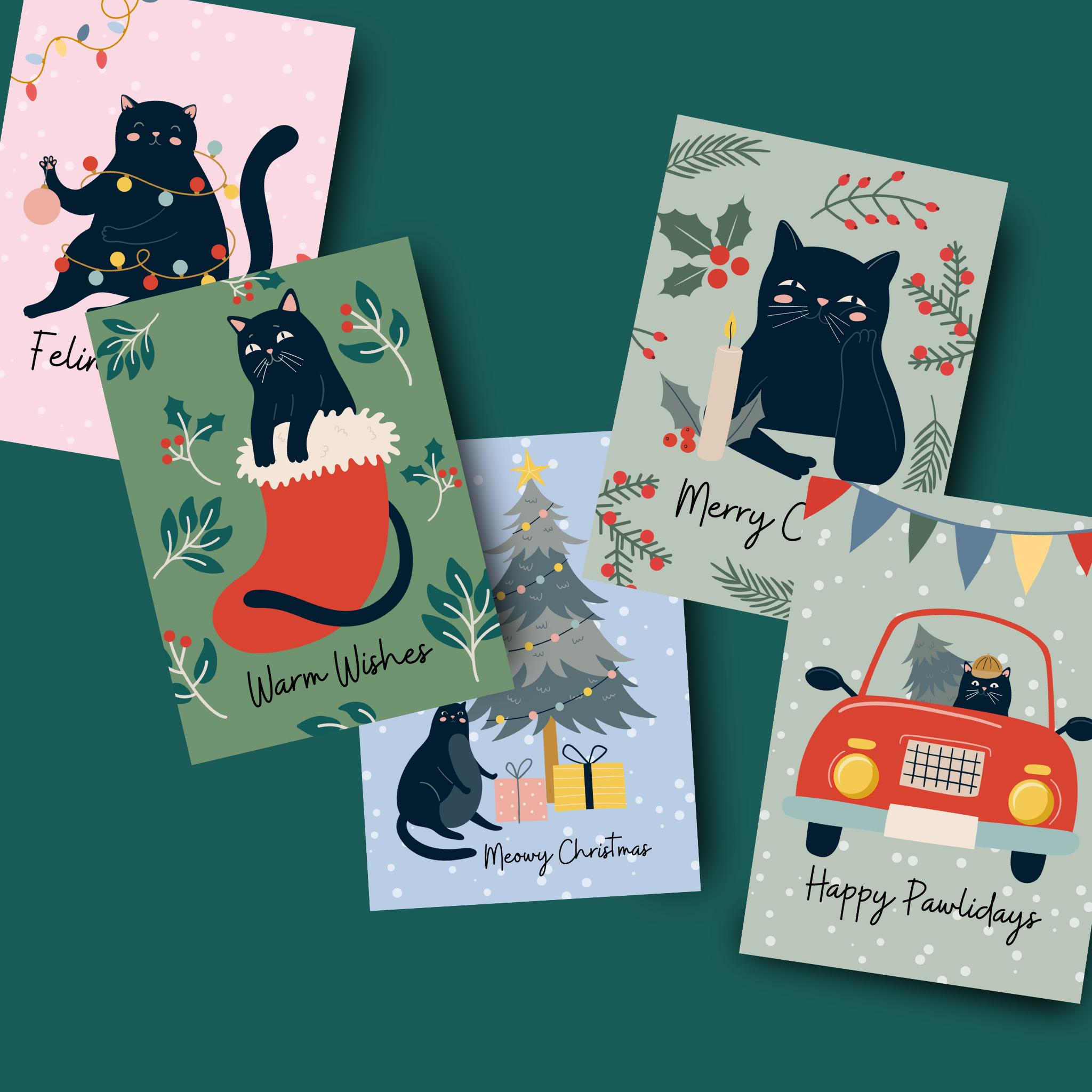 Set of 5 CAT Christmas Cards, Funny Black Cat Christmas Cards, Boxed ...