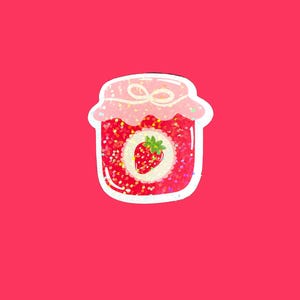 May include: A sticker of a jar of strawberry jam on a red background. The jar is white with a pink lid and a strawberry illustration in the center. The jam inside the jar is red with glitter.