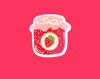 Holographic strawberry jam sticker, sparkly strawberry sticker, waterproof sticker for laptop or water bottle, girly sticker